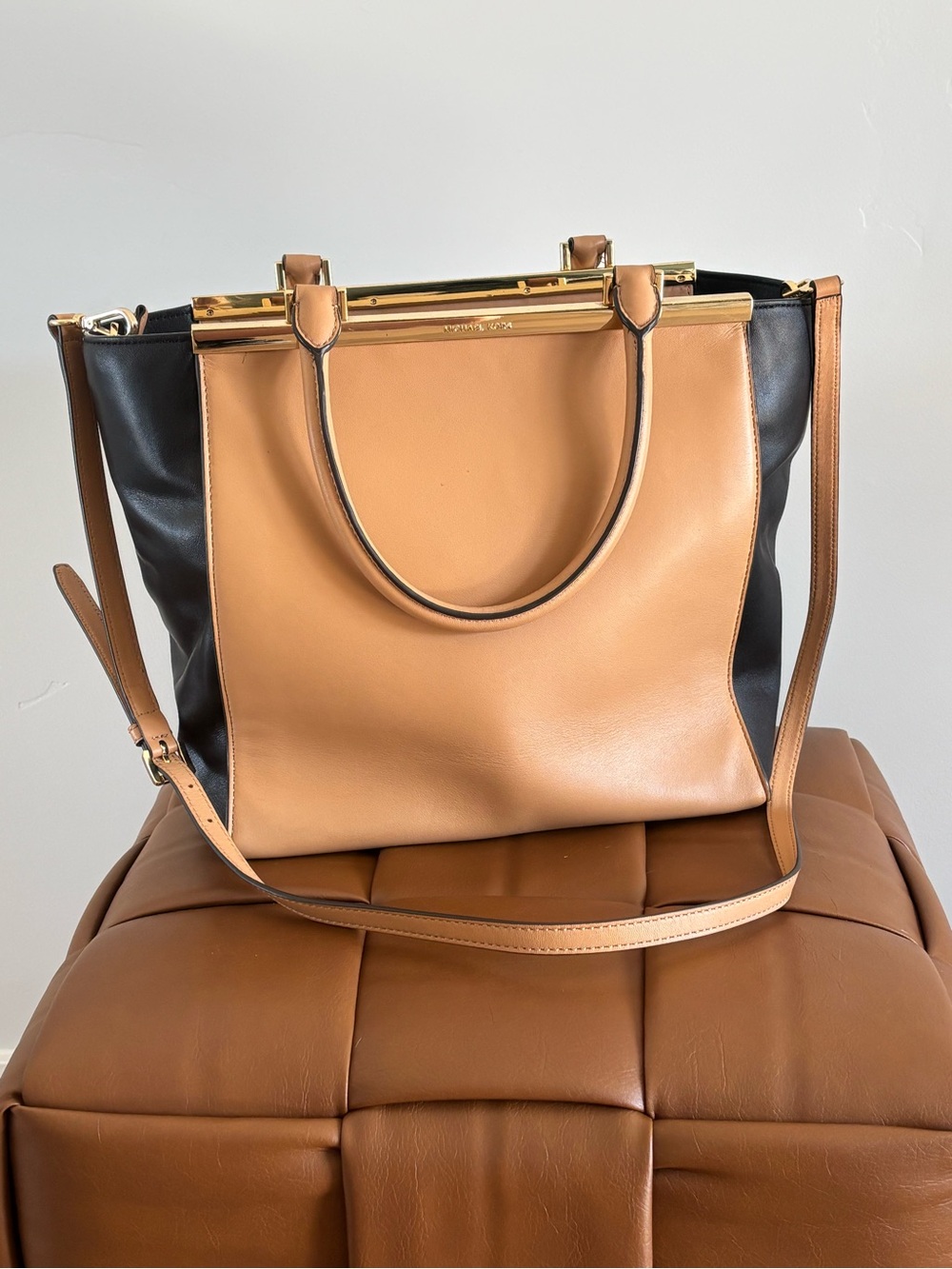 Michael Kors Two-Tone Tan and Black Leather Mid Size Shoulder Tote